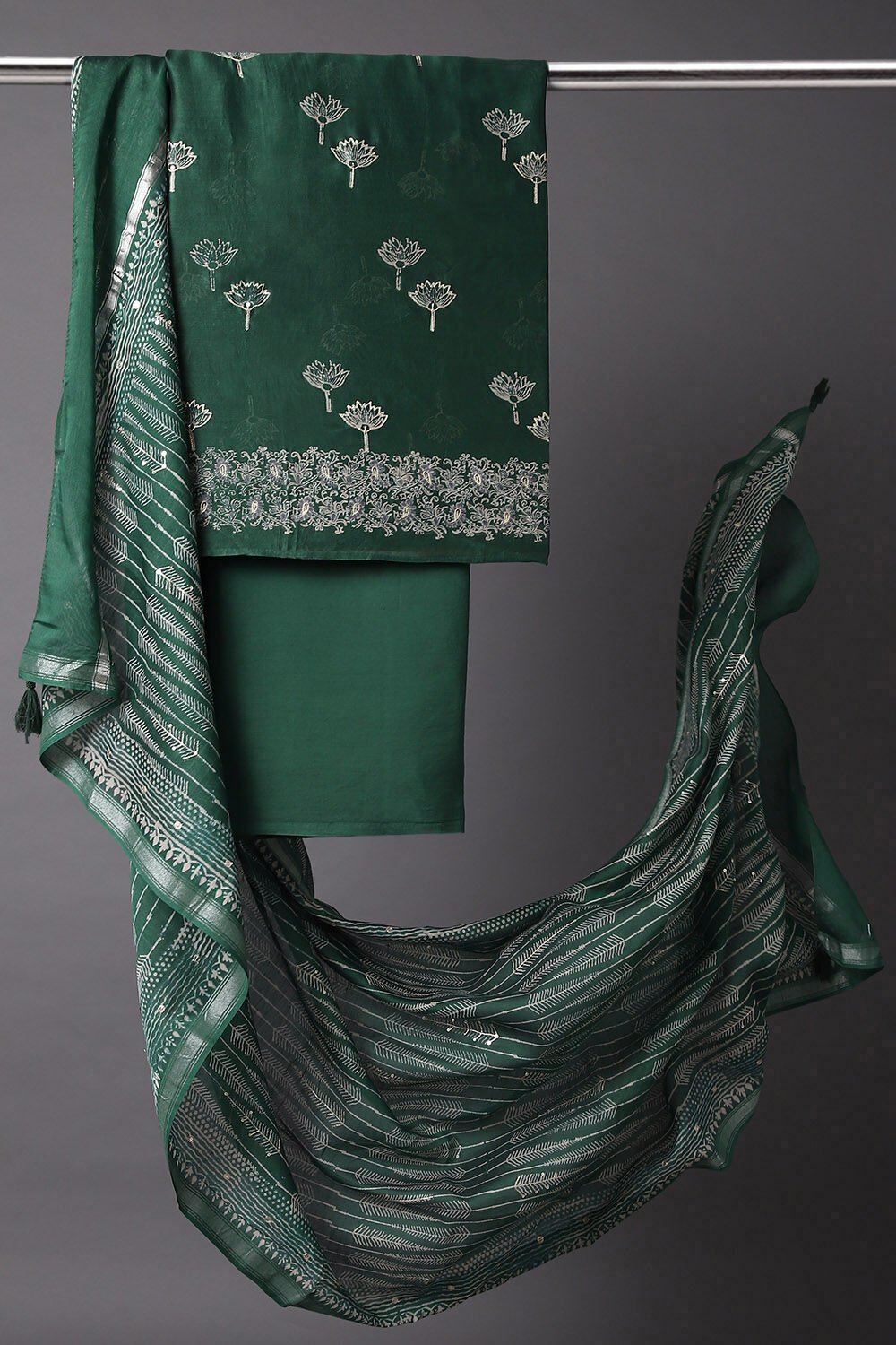Dark Green Embroidered Silk CottonUnstitched Suit Set image number null