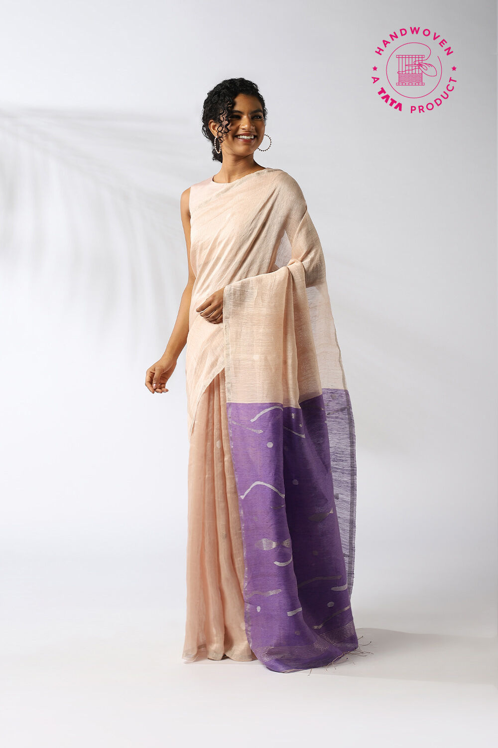 Beige Pure Silk Linen Jamdani Saree image number null