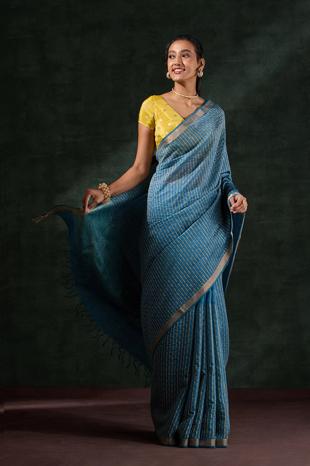 Blue Pure Silk Linen Embroidered Saree image number null