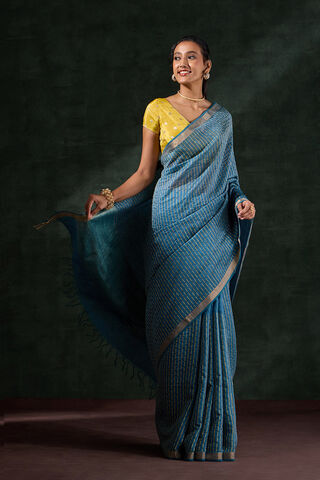 Blue Pure Silk Linen Embroidered Saree image number