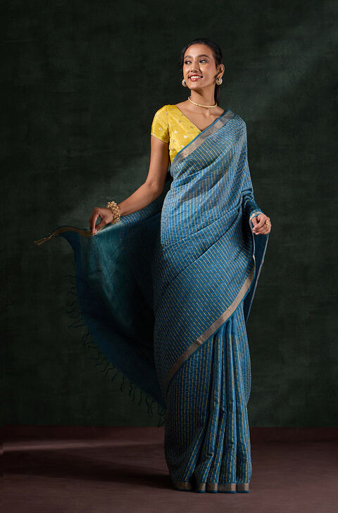 Blue Pure Silk Linen Embroidered Saree