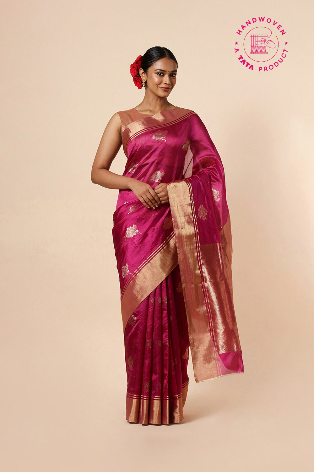 Dark Pink Pure Silk Chanderi Saree image number null