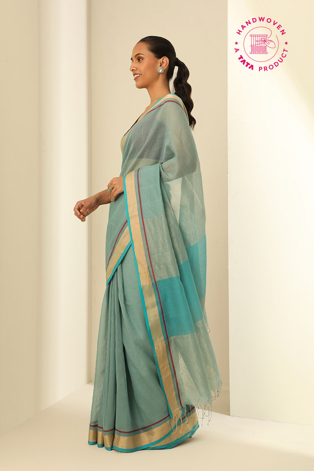Light Green Pure Silk Cotton Woven Bengali Saree image number null