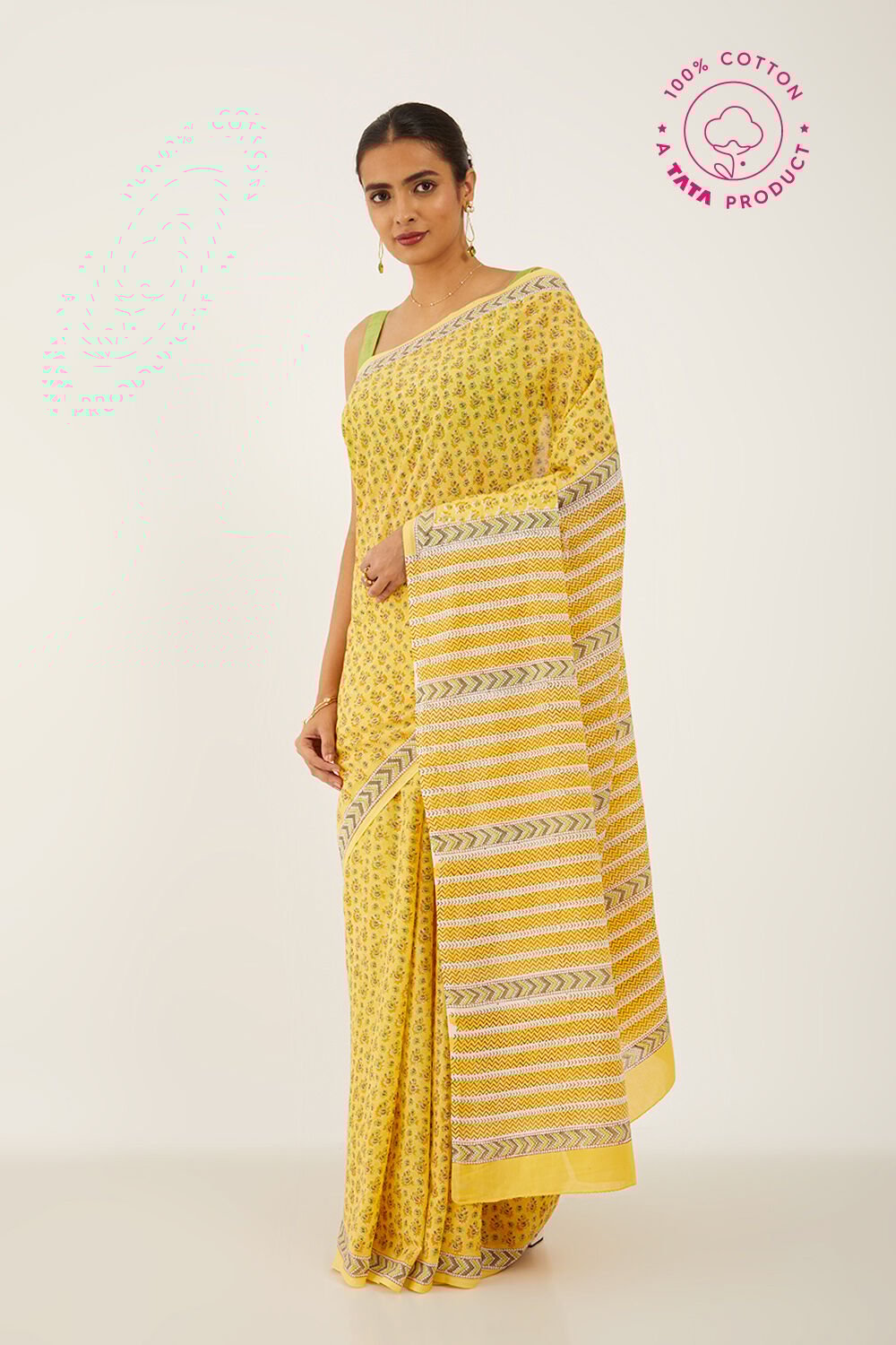 Yellow Pure Cotton Block Print Saree image number null