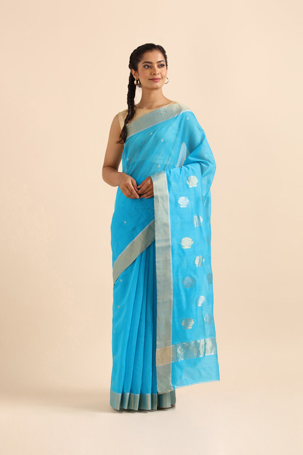 Blue Pure Silk Cotton Chanderi Saree image number null