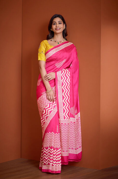 Dark Pink Pure Silk Murshidabad Block Printed Saree