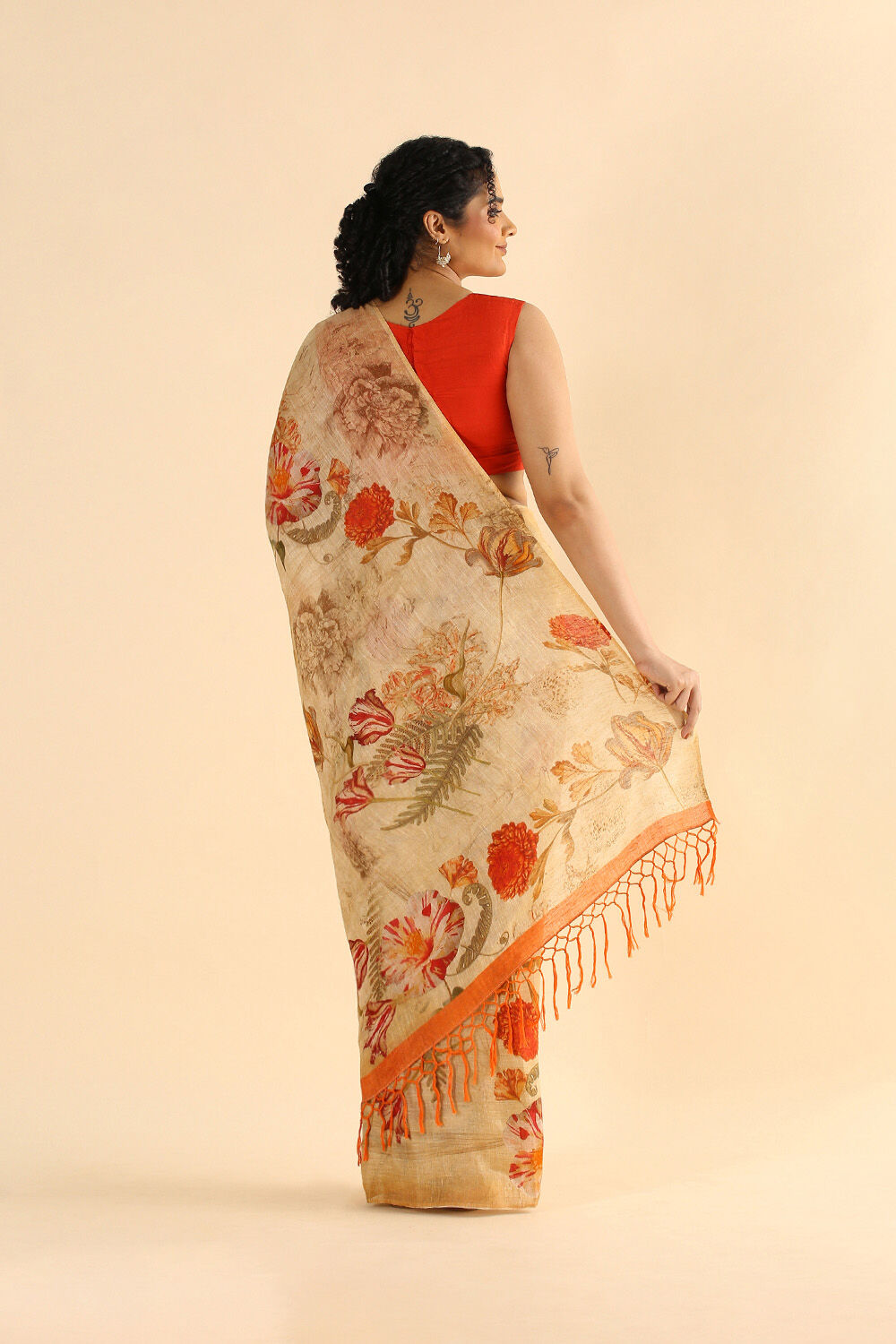 Beige Pure Linen Digital Printed Saree image number null
