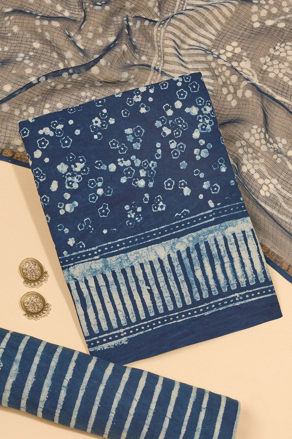 Blue Pure Cotton Dabu Block Printed Unstitched Suit Set image number null