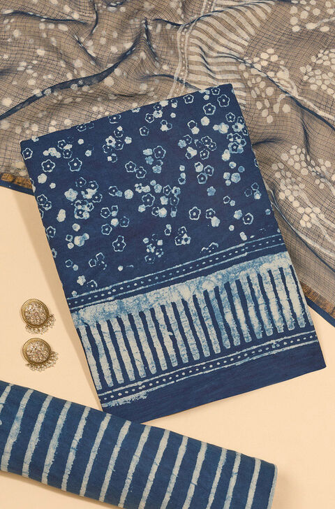 Blue Pure Cotton Dabu Block Printed Unstitched Suit Set