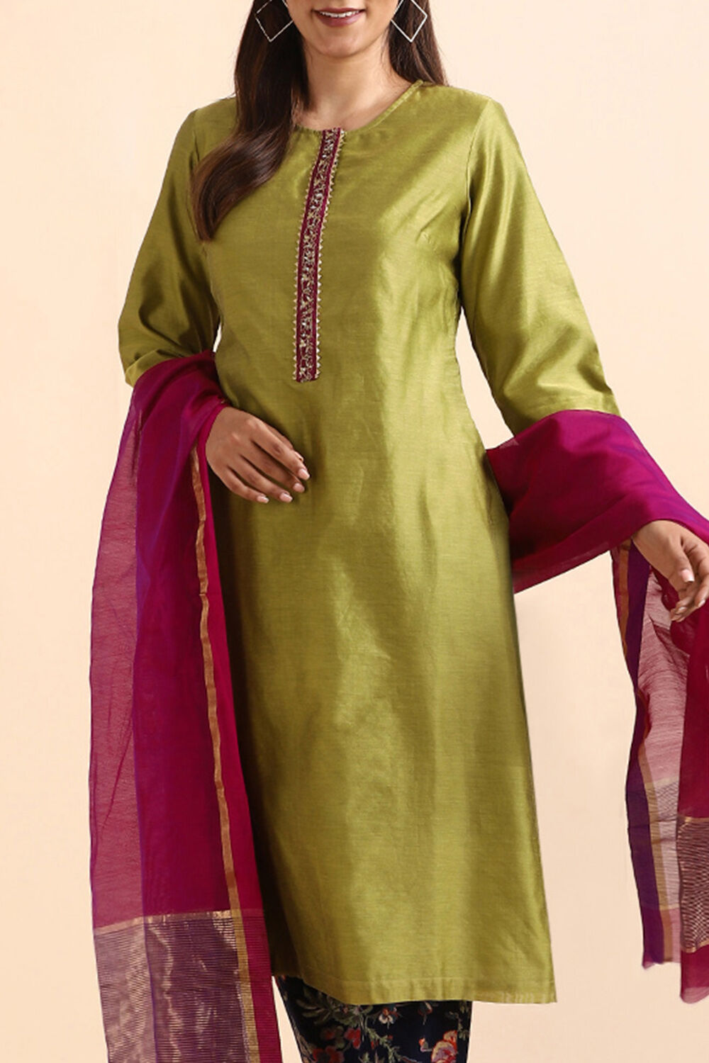 Green Silk Cotton Woven Kurta Set image number null