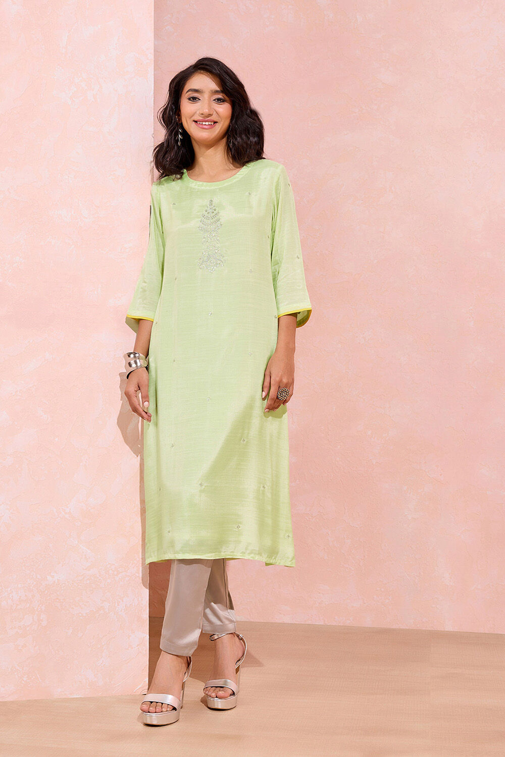 Light Green Viscose Embroidered Kurta image number null