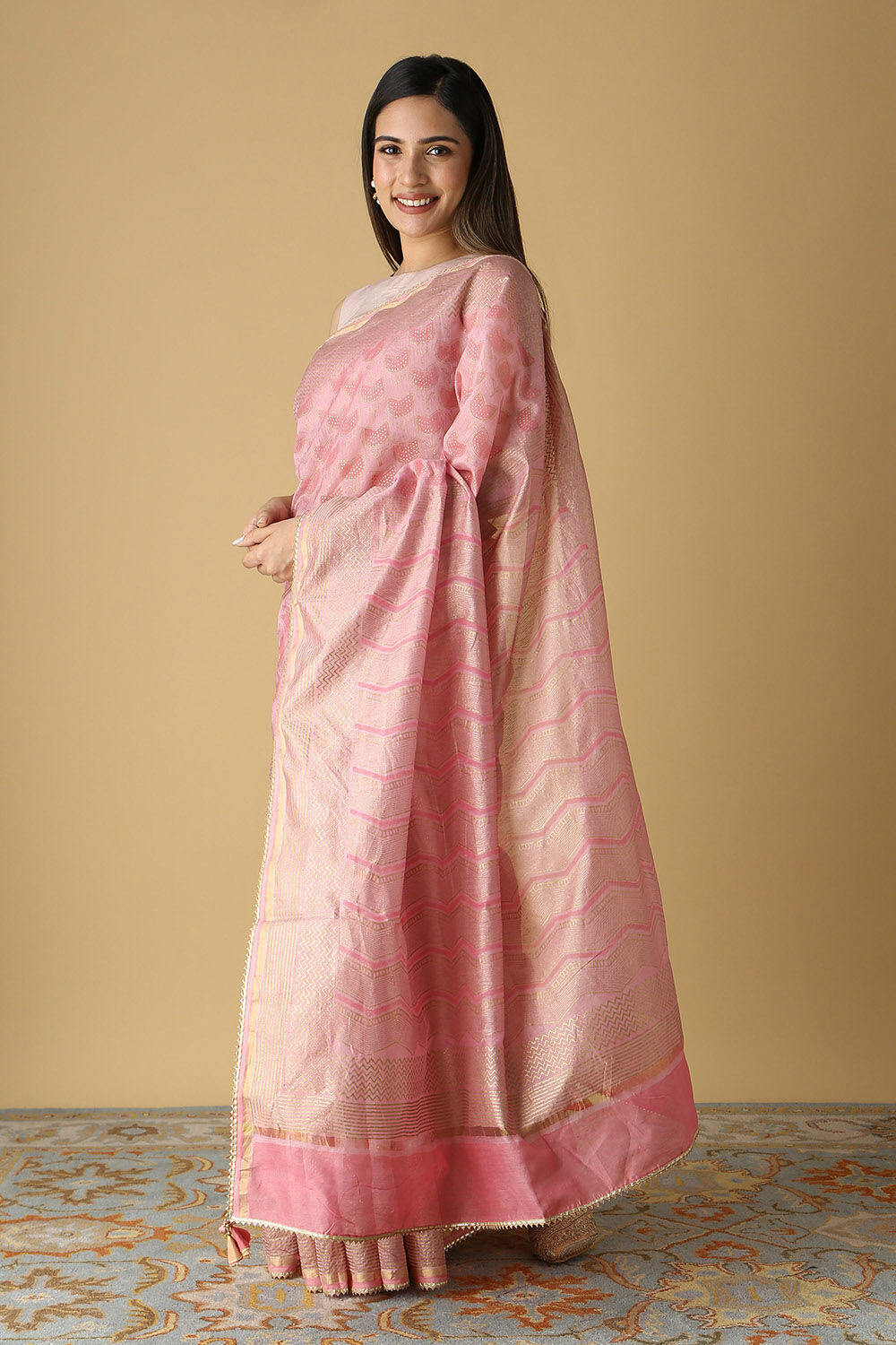 Pink Pure Silk Cotton Hand Printed Saree image number null