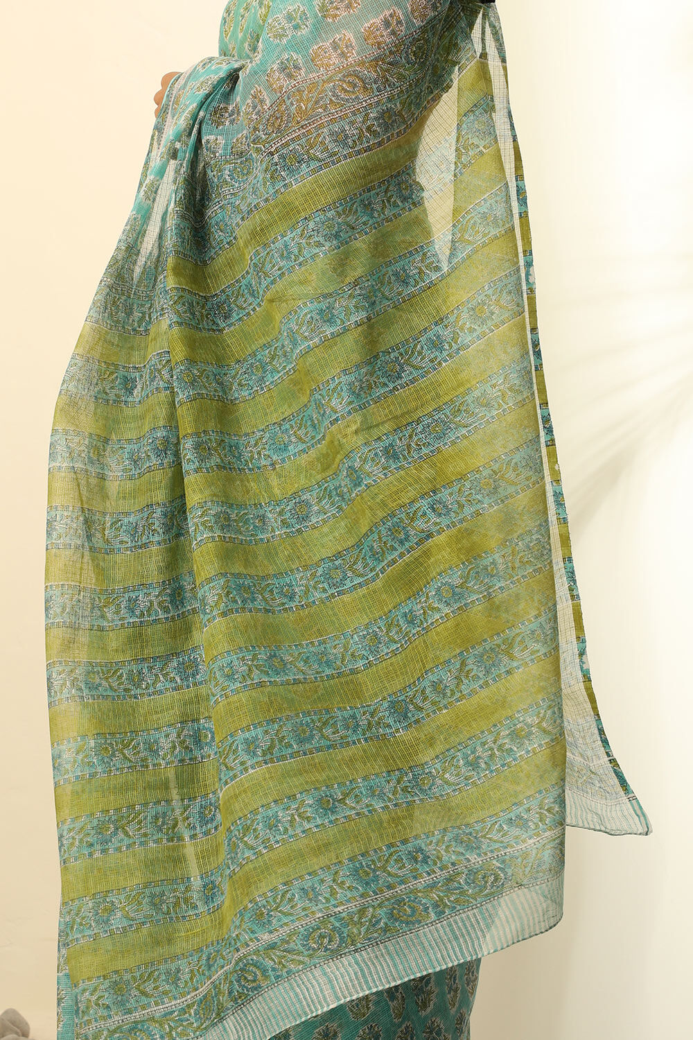 Light Green Pure Cotton Kota Bagru Block Printed Saree image number null