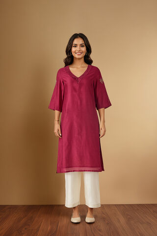Dark Pink Embroidered Pure Silk Cotton Kurta thumbnail image number null