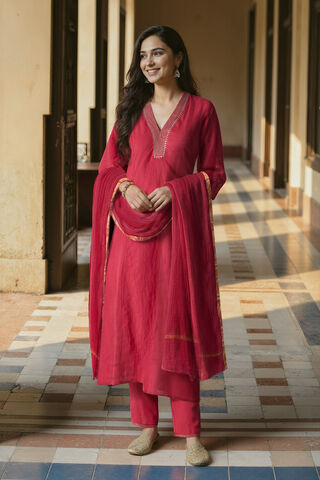 Dark Pink Pure Cotton Embroidered Kurta Set image number