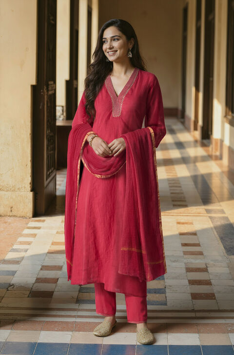 Dark Pink Pure Cotton Embroidered Kurta Set
