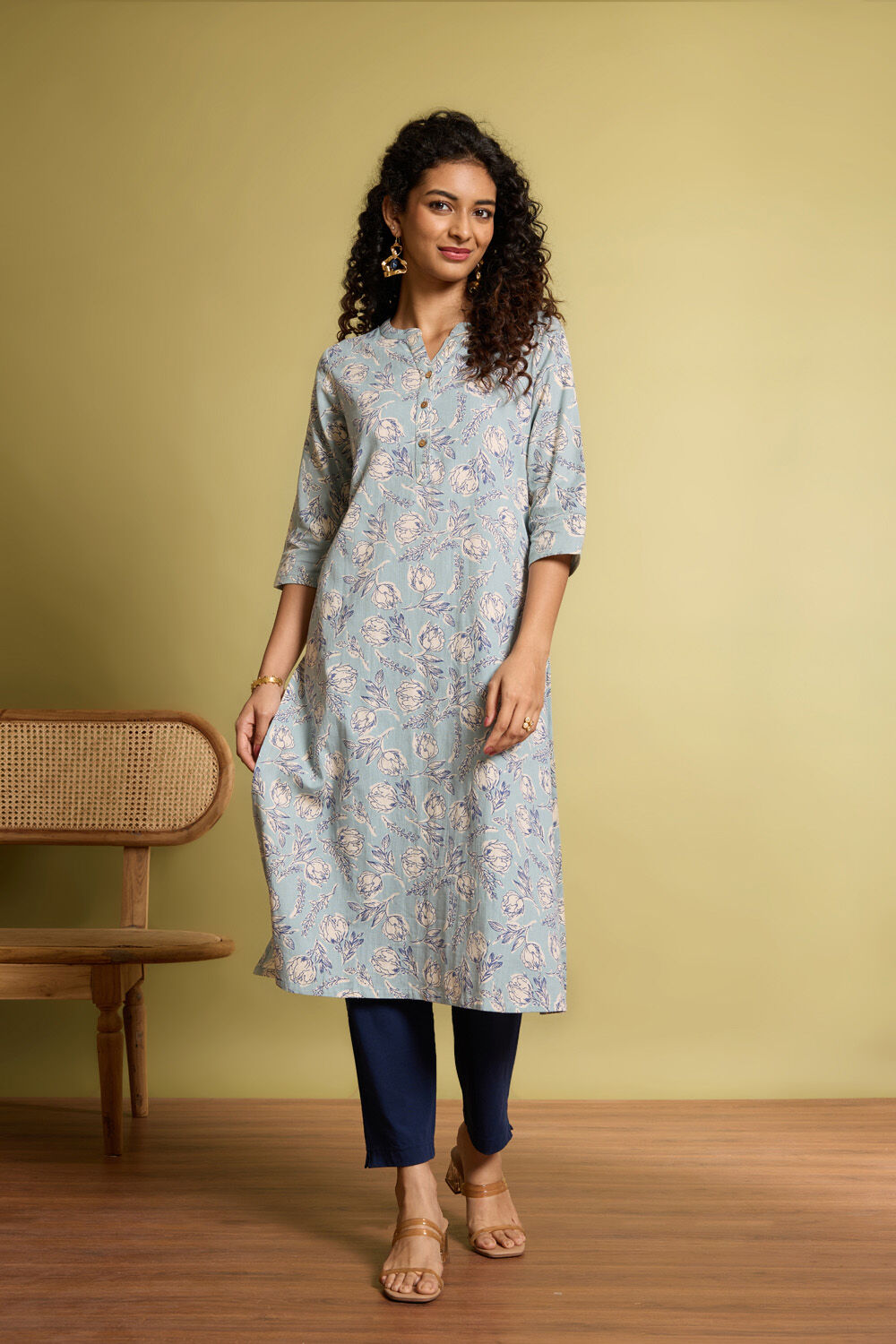 Light Blue Screen Printed Pure Cotton Linen Kurta image number null