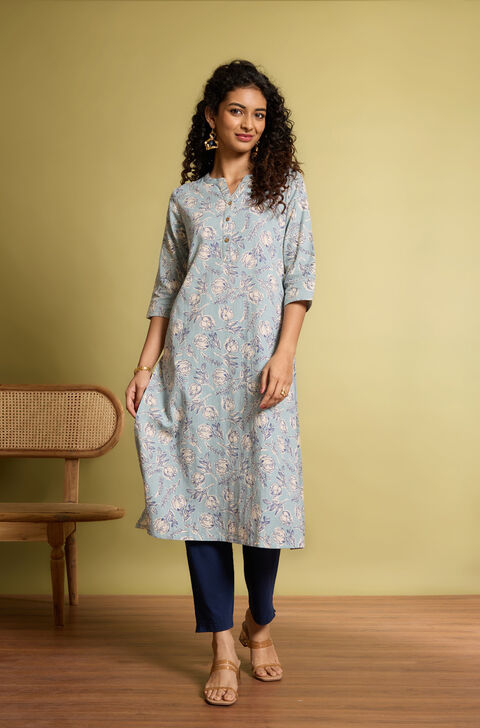 Light Blue Screen Printed Pure Cotton Linen Kurta