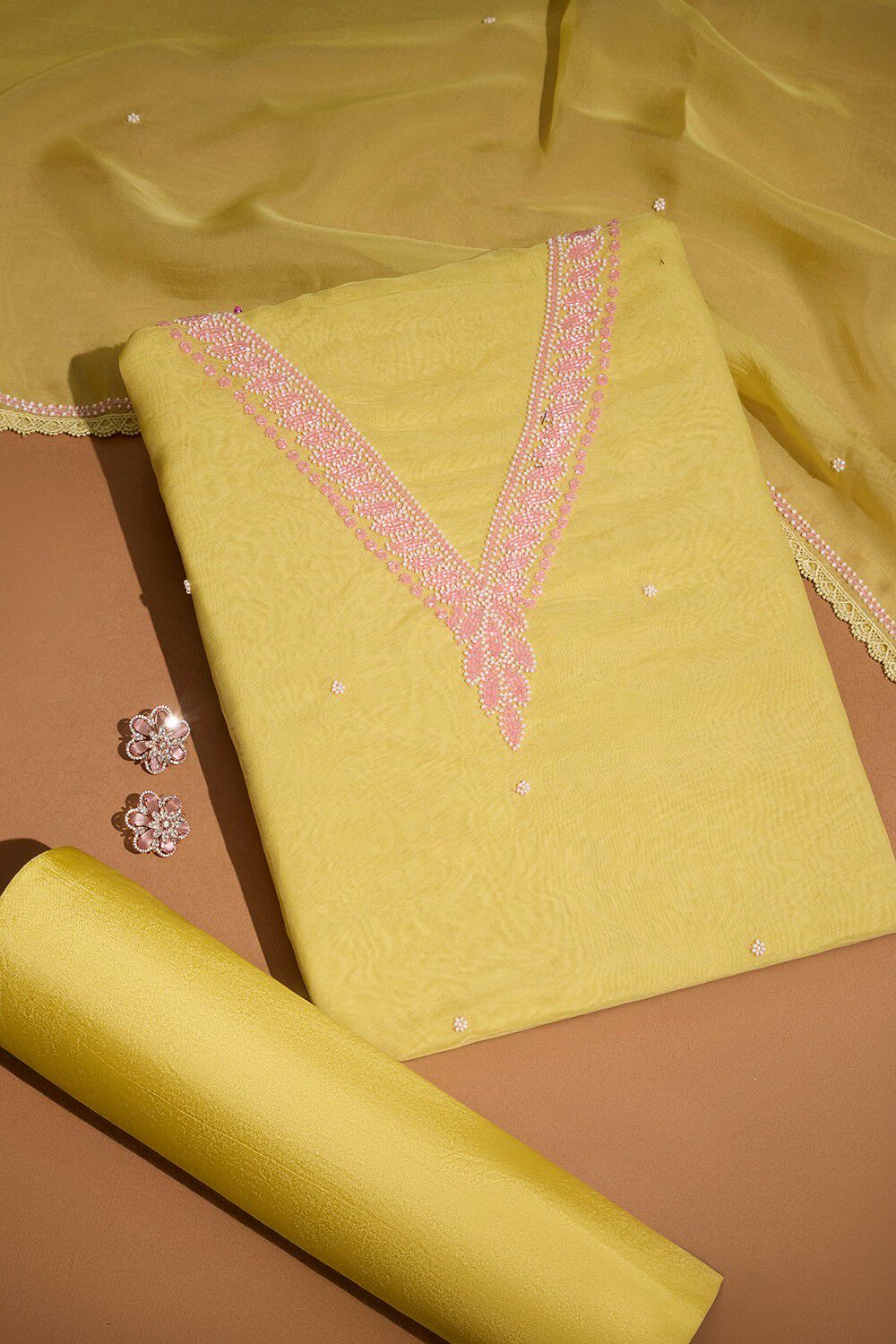 Light Yellow Viscose Embroidered Unstitched Suit Set image number null