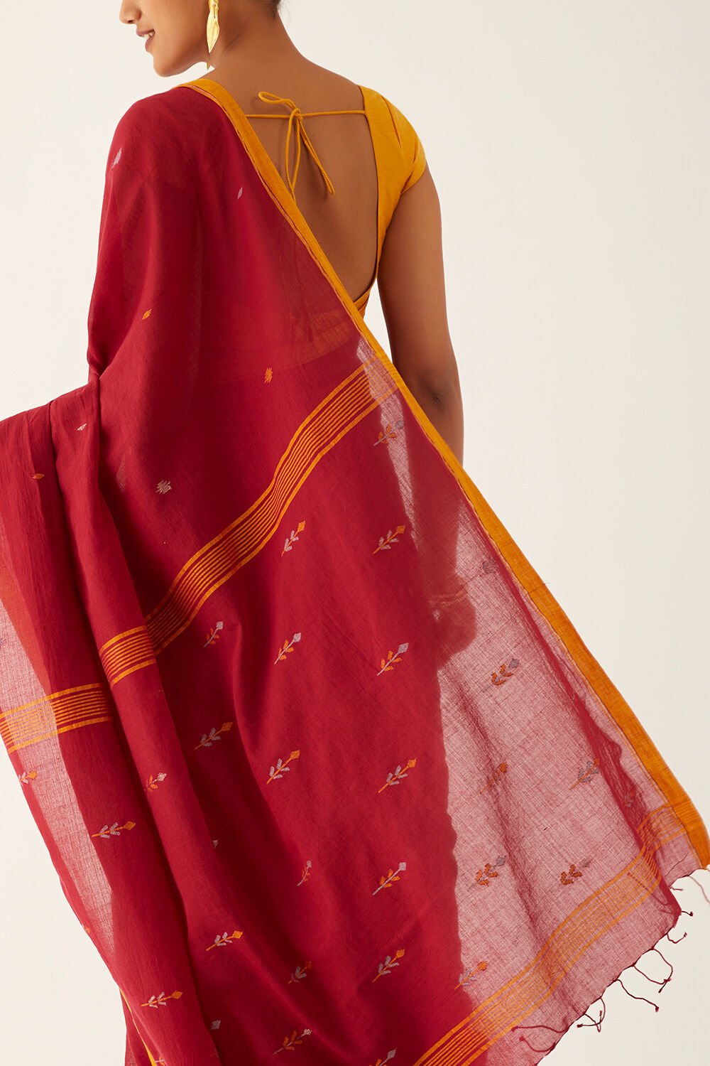 Red Pure Cotton Jamdani Bengali Saree image number null