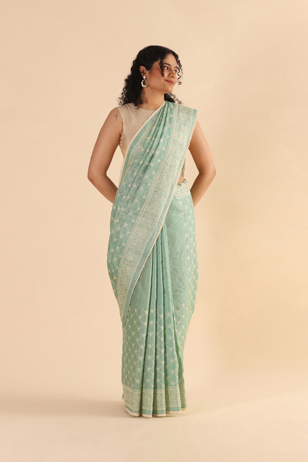 Light Pure Green Tussar Embroidered Saree image number null