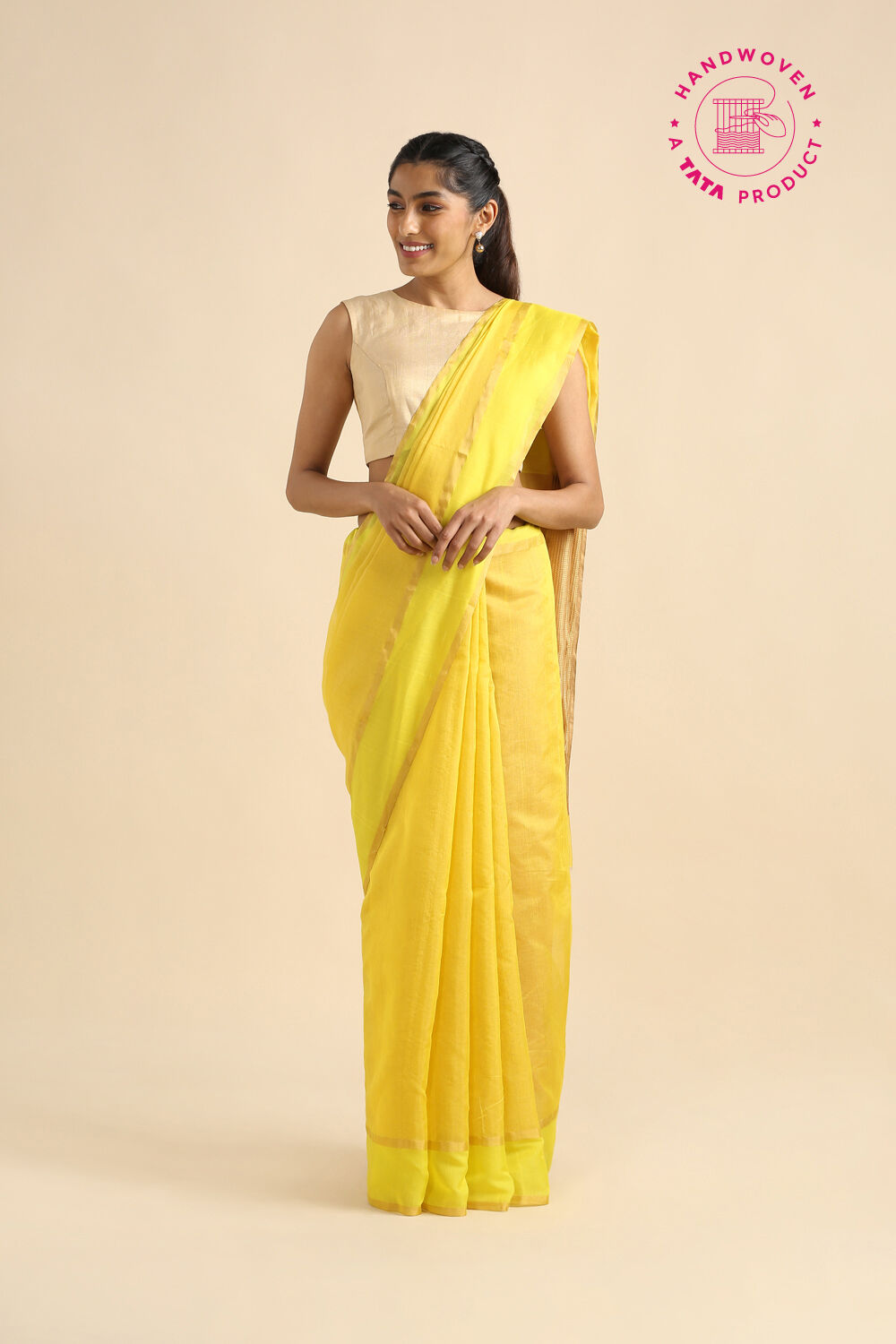 Light Yellow Pure Cotton Tissue Chanderi Saree image number null