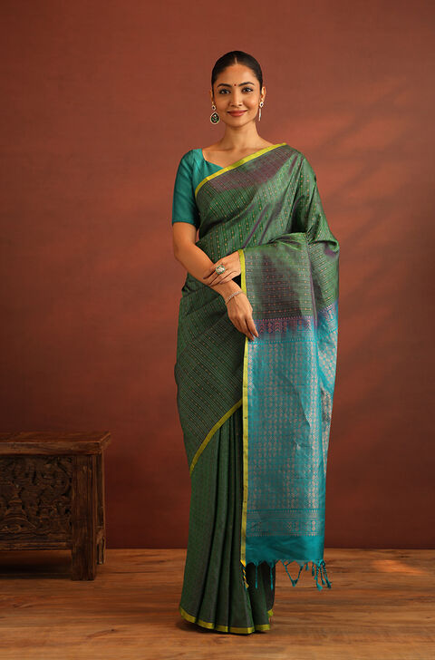 Dark Green Woven Pure Soft Silk Saree