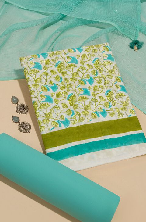 Light Green Pure Cotton Printed Sanganeri Unstitched Suit Set