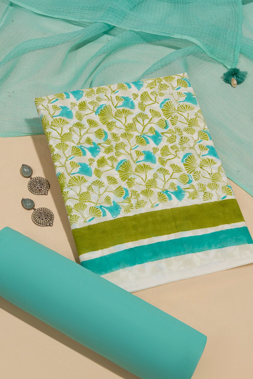 Light Green Pure Cotton Printed Sanganeri Unstitched Suit Set image number null