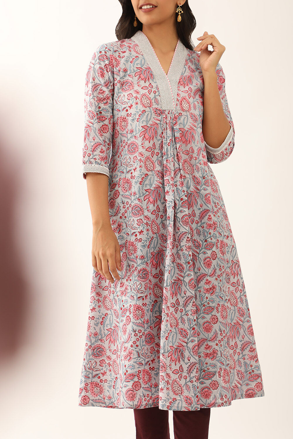 Grey Pure Cotton Block Printed Kurta with Embroidery image number null