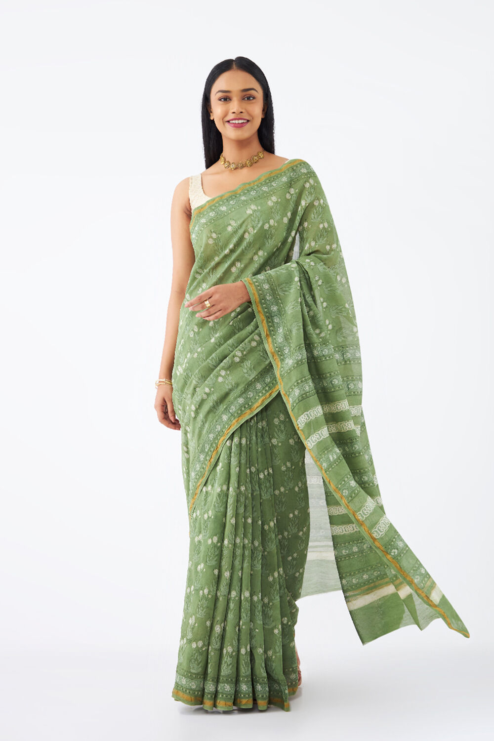 Light Green Pure Silk Cotton Bagru Printed Saree image number null