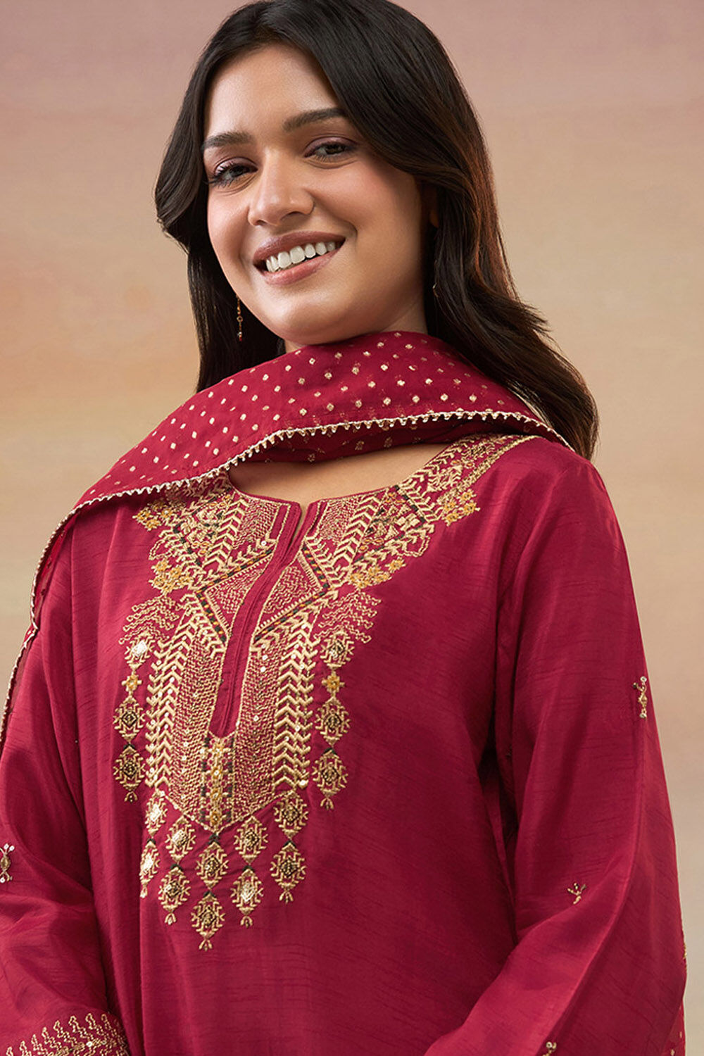 Red Pure Viscose Embroidered Kurta Set image number null