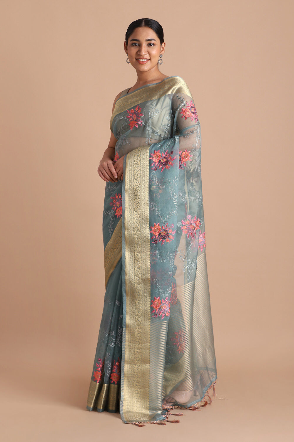 Blue Pure Embroidered Saree image number null