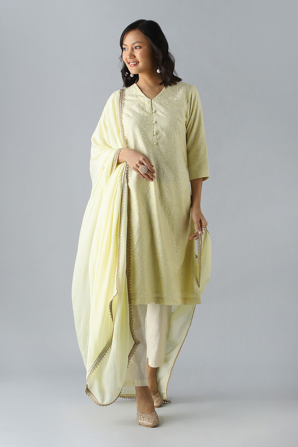 Light Yellow Silk Cotton Embroidered Kurta Set image number null