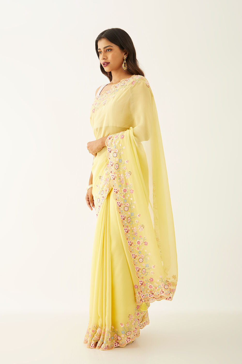 Light Yellow Viscose Organza Embroidery Saree image number null