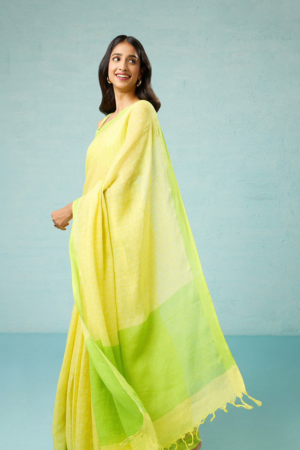 Yellow Screen Printed Pure Linen Saree image number null