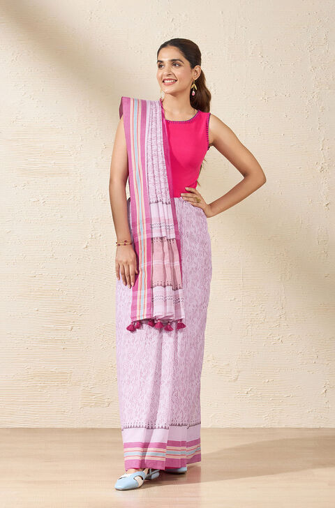 Pink Pure Cotton Block Printed Bengal Saree