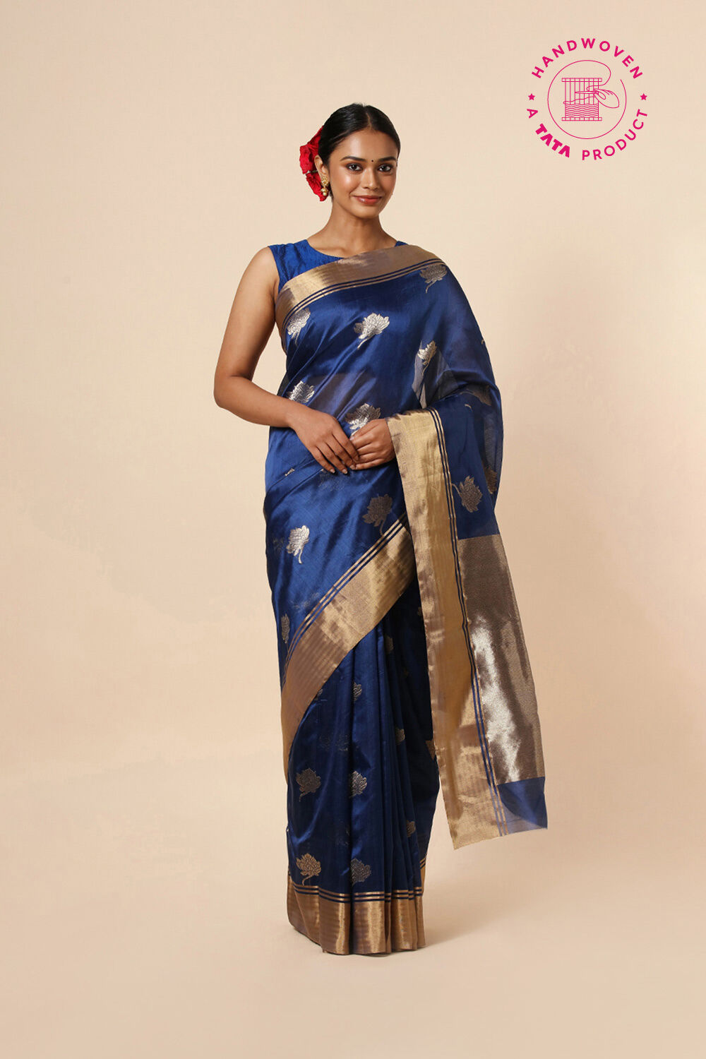 Dark Blue Pure Silk Chanderi Saree image number null