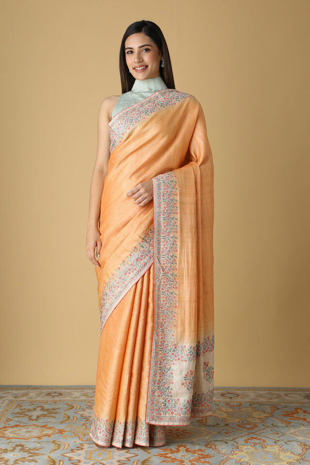 Light Orange Pure Tussar Silk Embroidered Saree