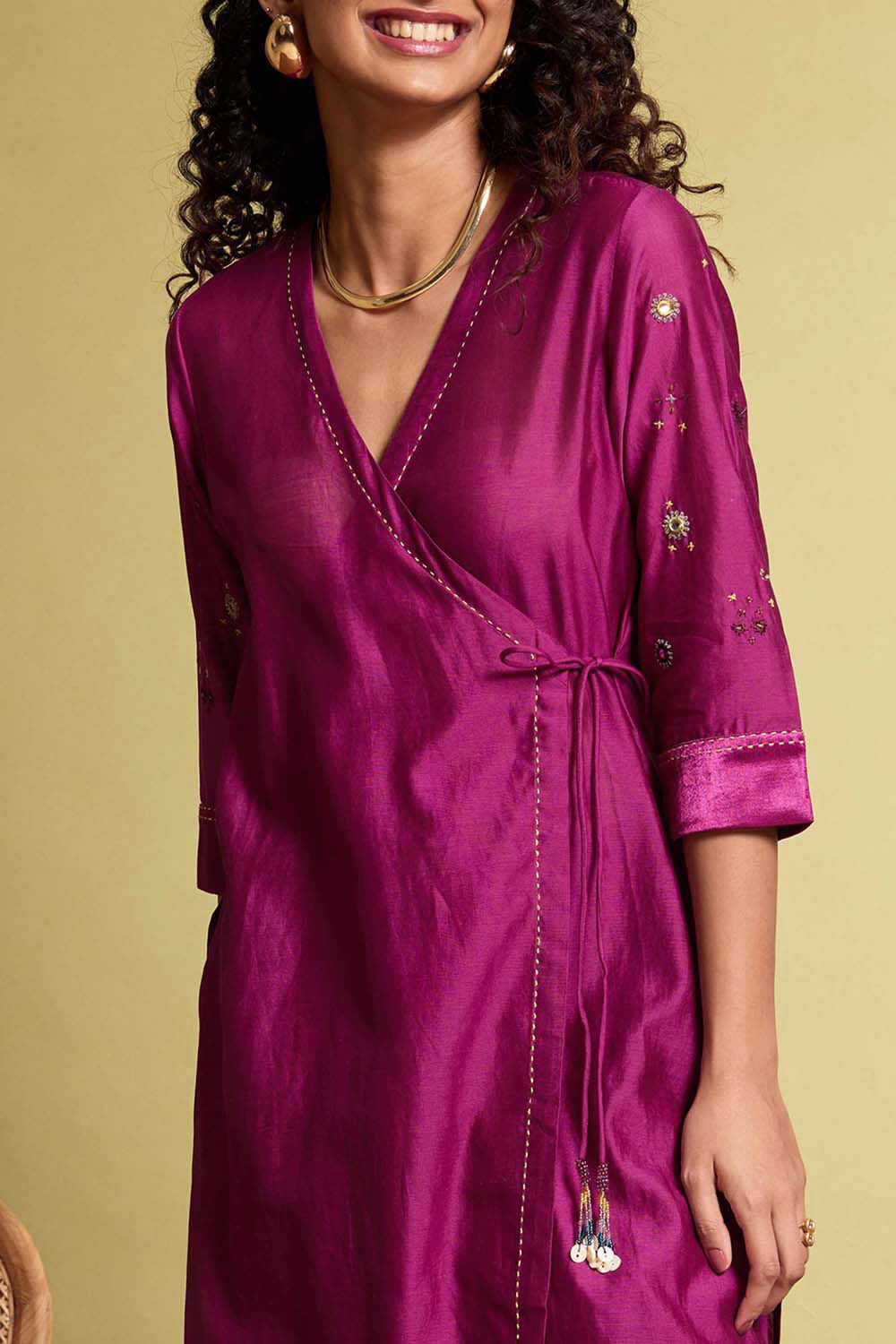 Violet Pure Silk Cotton Embroidered Kurta Set image number null