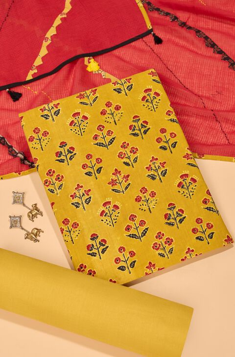 Yellow Pure Cotton Ajrakh Unstitched Suit Set