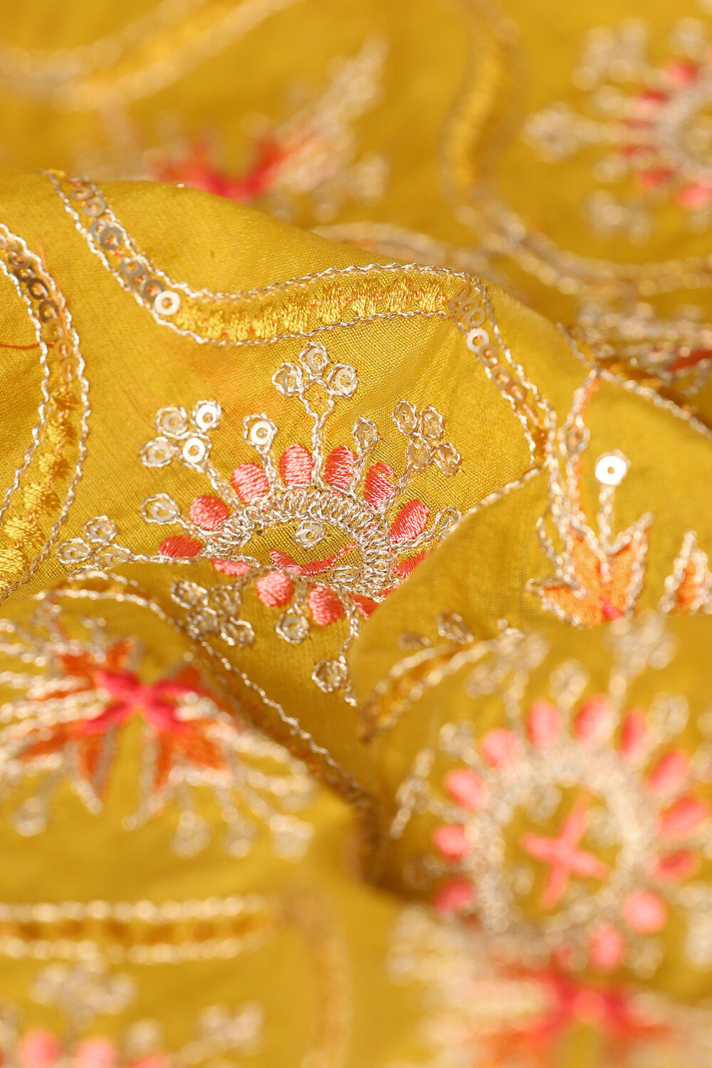 Yellow Silk Cotton Embroidered Semistitched Suit Set image number null