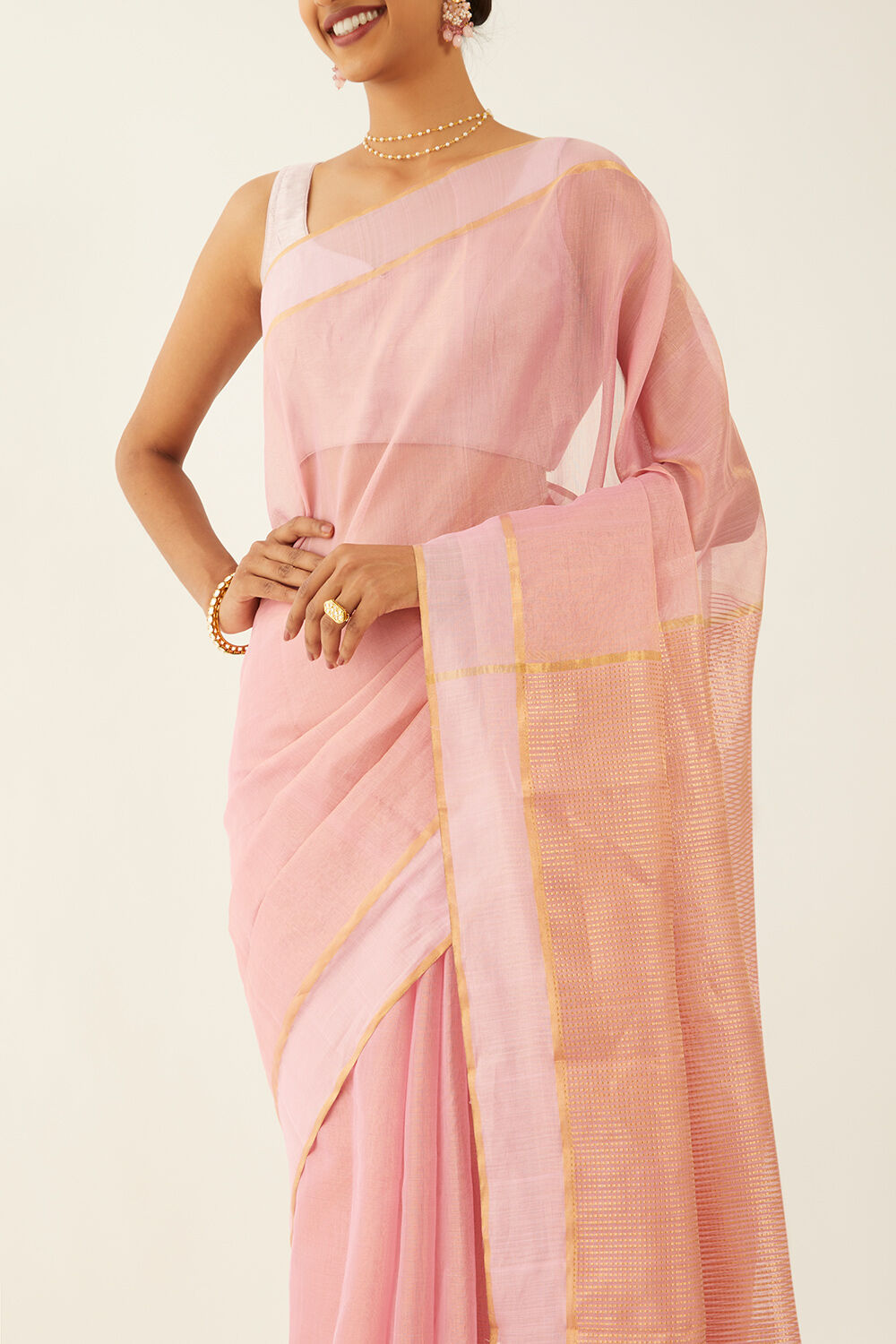 Light Pink Pure Cotton Tissue Chanderi Saree image number null