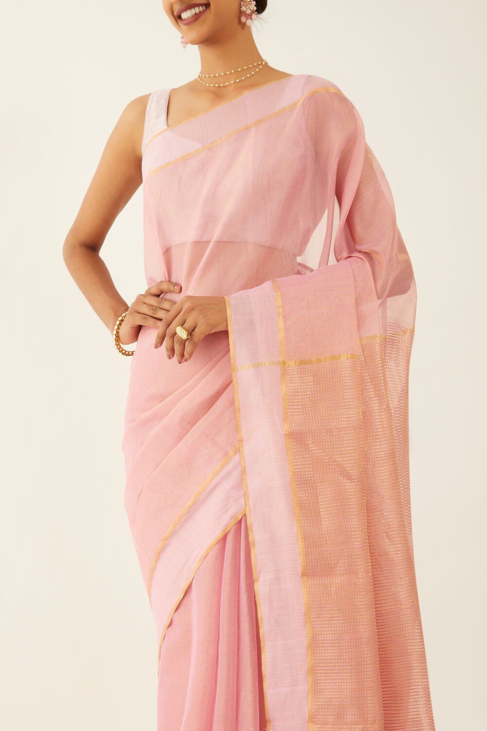 Light Pink Pure Cotton Tissue Chanderi Saree image number null