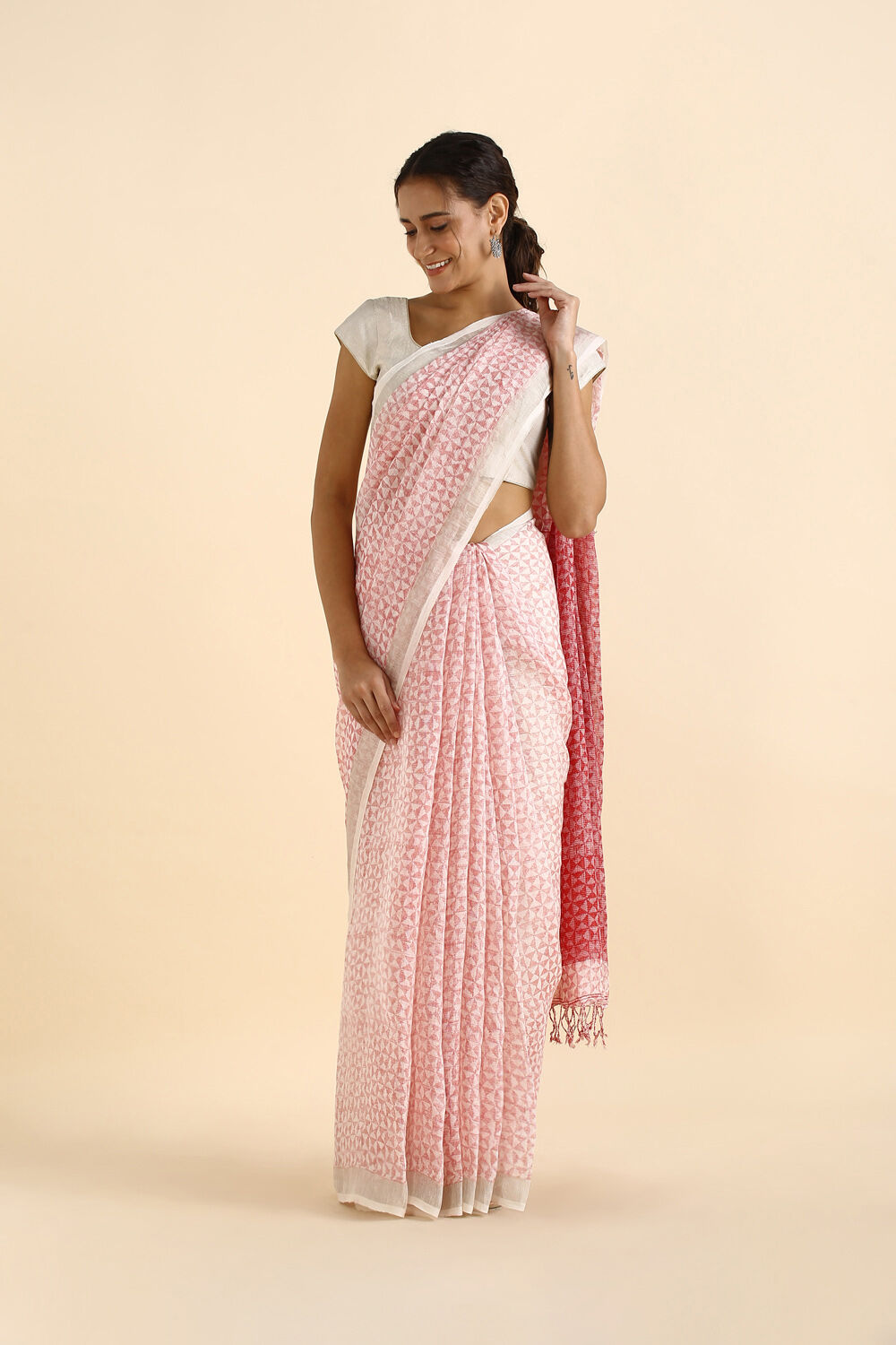 Light Pure Pink Linen Printed Saree image number null