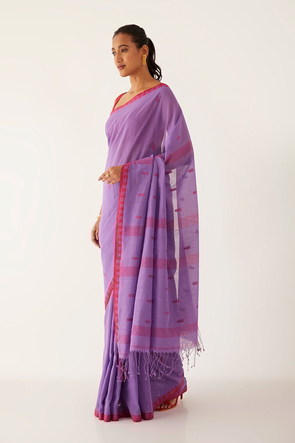 Purple Pure Cotton Woven Bengali Saree image number null