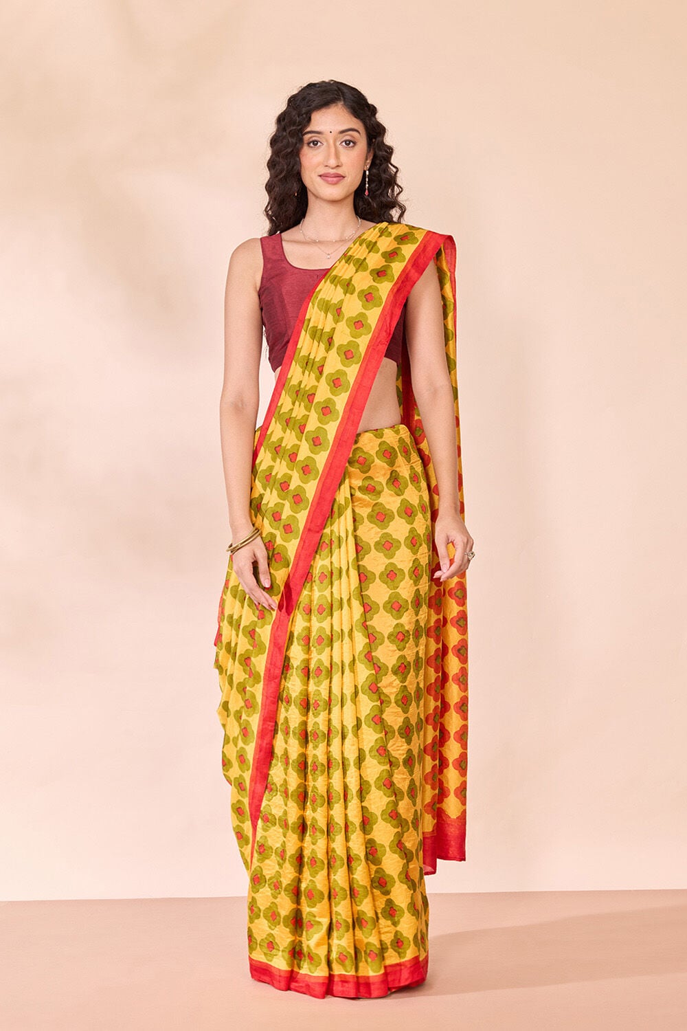 Yellow Pure Silk Block Printed Bengal Saree image number null