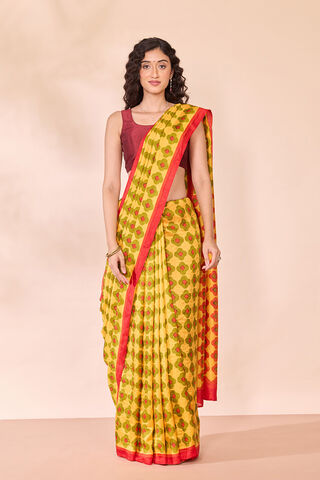 Yellow Pure Silk Block Printed Bengal Saree thumbnail image number null