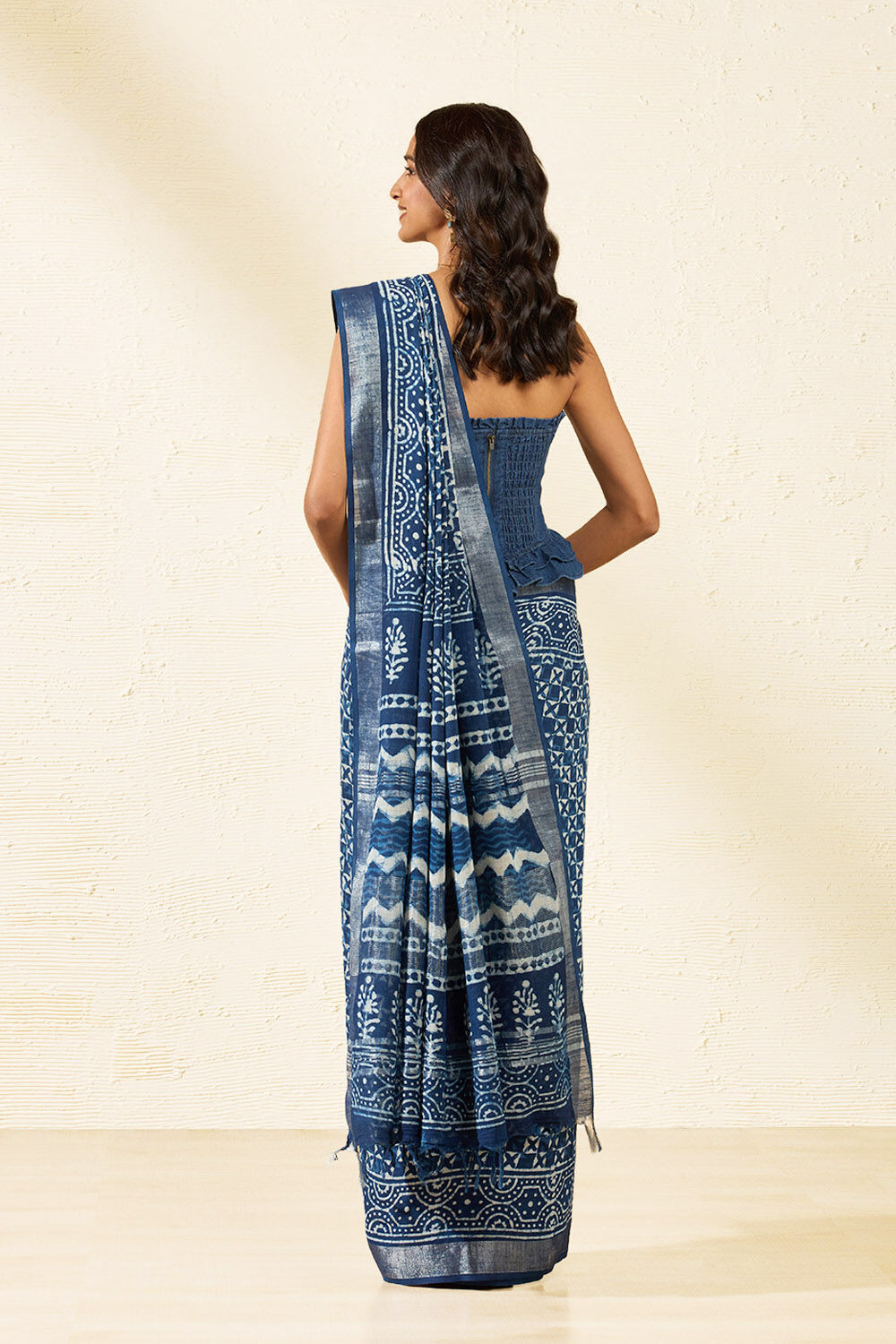 Blue Block Printed Cotton Viscose Saree image number null