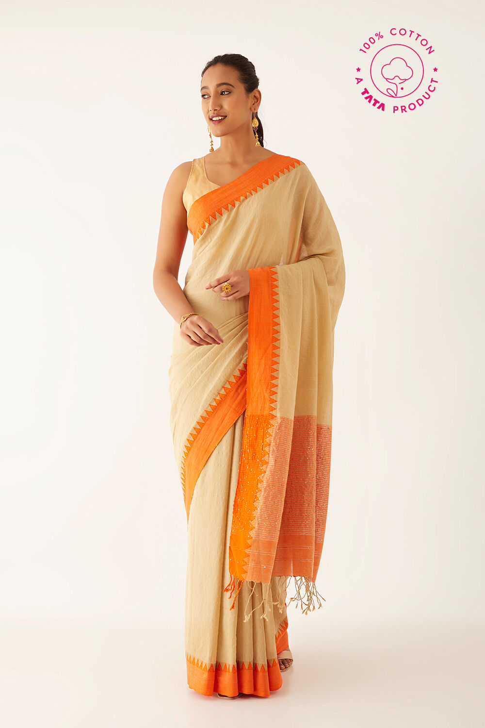 Beige Pure Cotton Woven Bengali Saree image number null